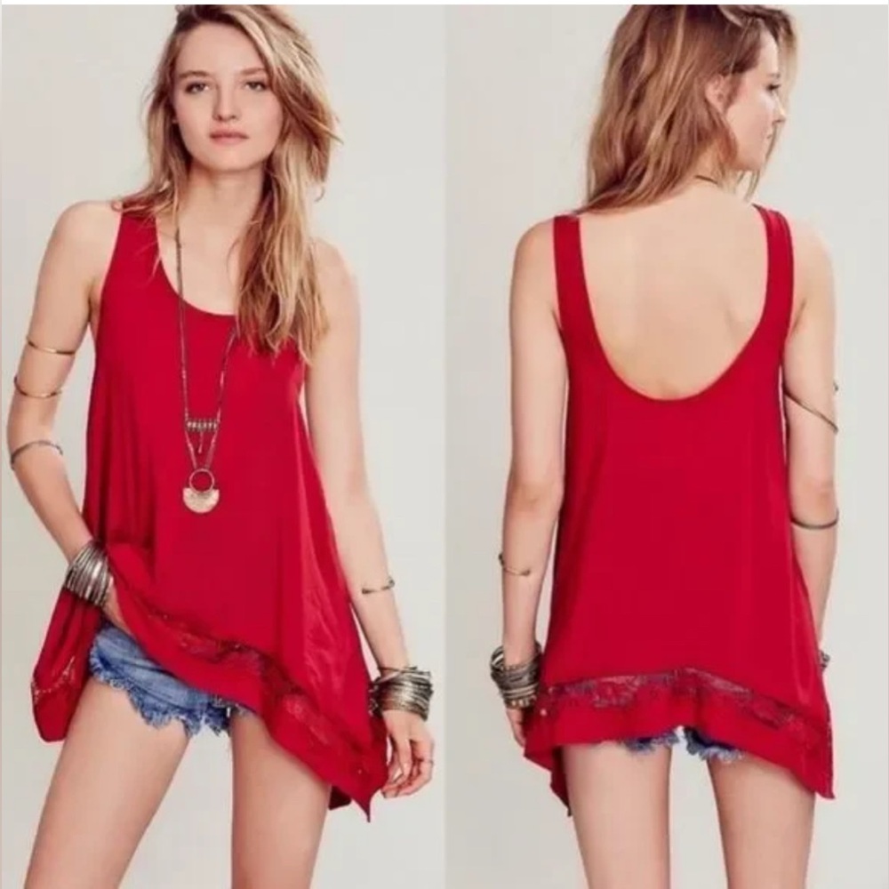 Free People Intimately Lace Outlined Asymmetrical Red Oversized Tank Medium